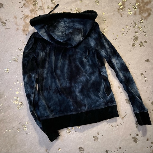 NWT BCBG S Y2K Velour Zip Up Rhinestone Graphic Fuzzy Hood Details Black/Blue - Picture 7 of 10